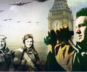 Illustration of female and male Word War 2 RAF crew against backdrop of Big Ben and airborne bombers