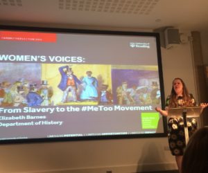 Liz Barnes gives lecture: with PowerPoint slideshow@ Women's Voices: From Slavery to the #MeToo Movement