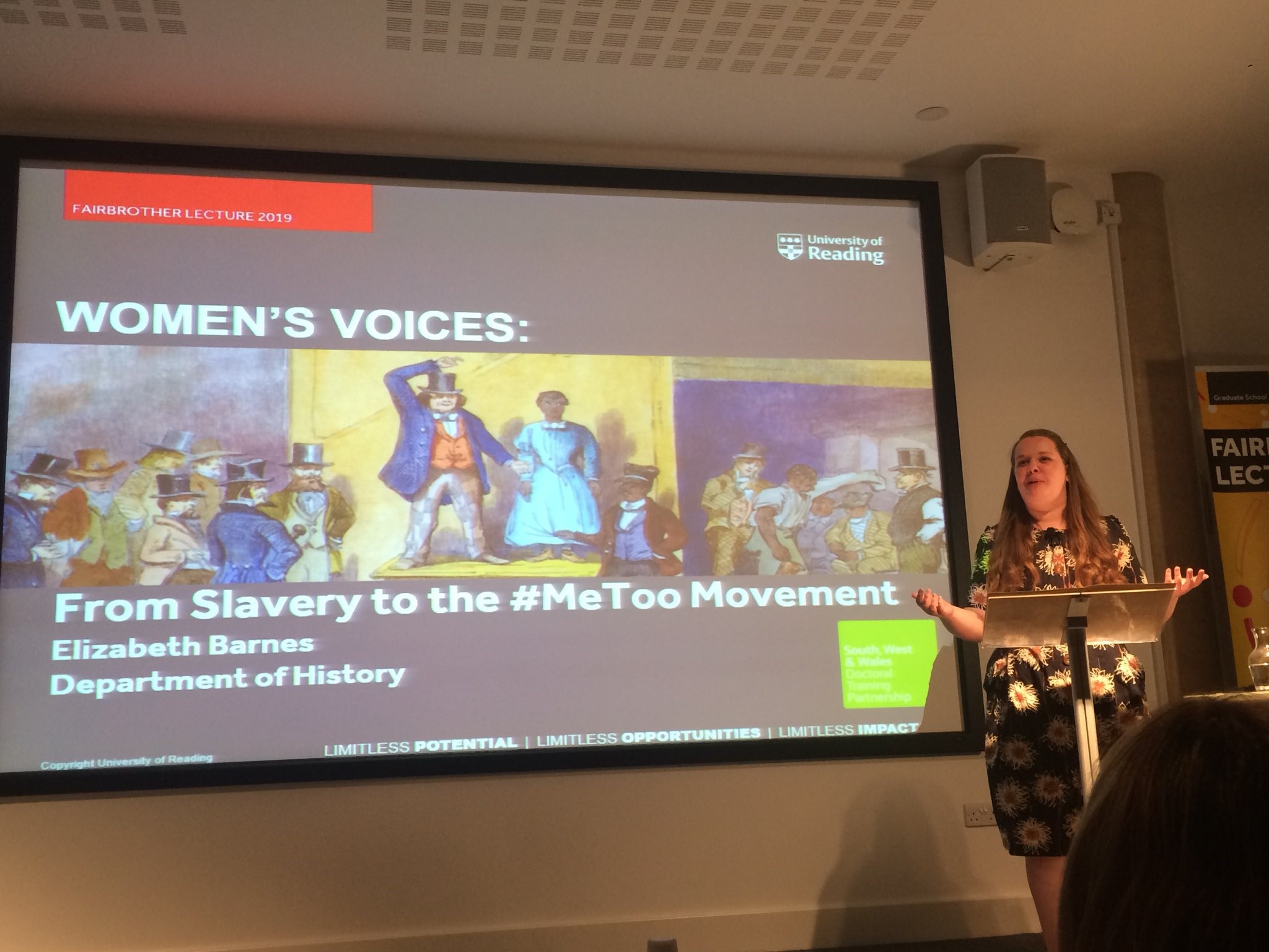 Liz Barnes gives lecture: with PowerPoint slideshow@ Women's Voices: From Slavery to the #MeToo Movement
