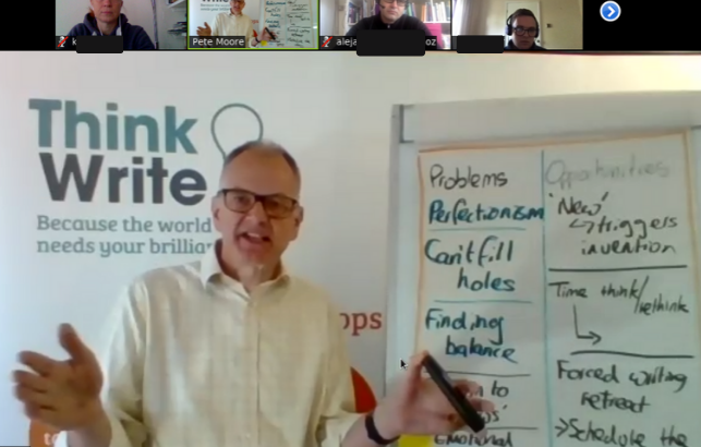 ThinkWrite’s Dr Pete Moore delivering online training with flipchart