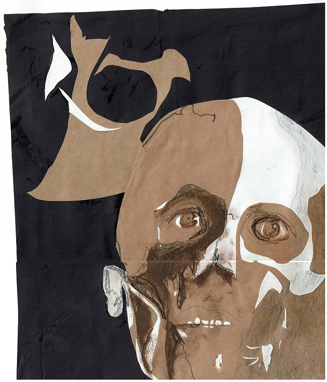 Image: Sarah Scaife 2021, digital scan of knife cut collage with over drawing in A3 sketchbook (skull dissection).