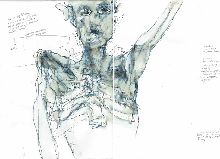 Image: Sarah Scaife 2021, digital scan of wax-resist and ink drawing in A3 sketch book (intestines).