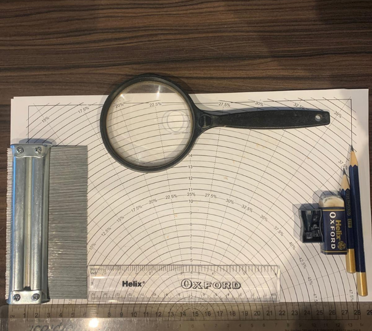 Rulers, pencils, eraser, sharpener, magnifying glass, profile gauge, and a rim chart