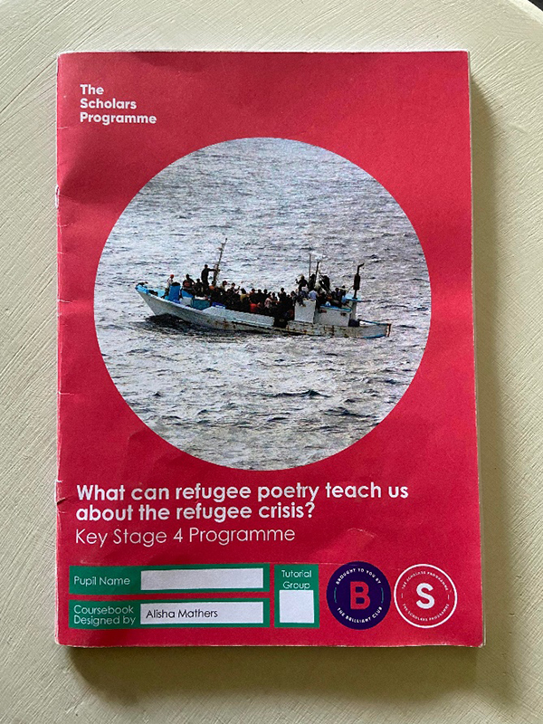 Booklet cover with photograph of refugees on boat: The Scholars Programme, What can refugee poetry teach us about the refugee crisis? Key stage 4 programme