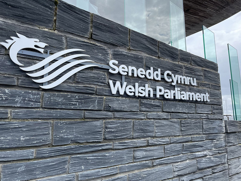 Abstract image and text logo on outer wall: Senedd Cymru, Welsh Parliament