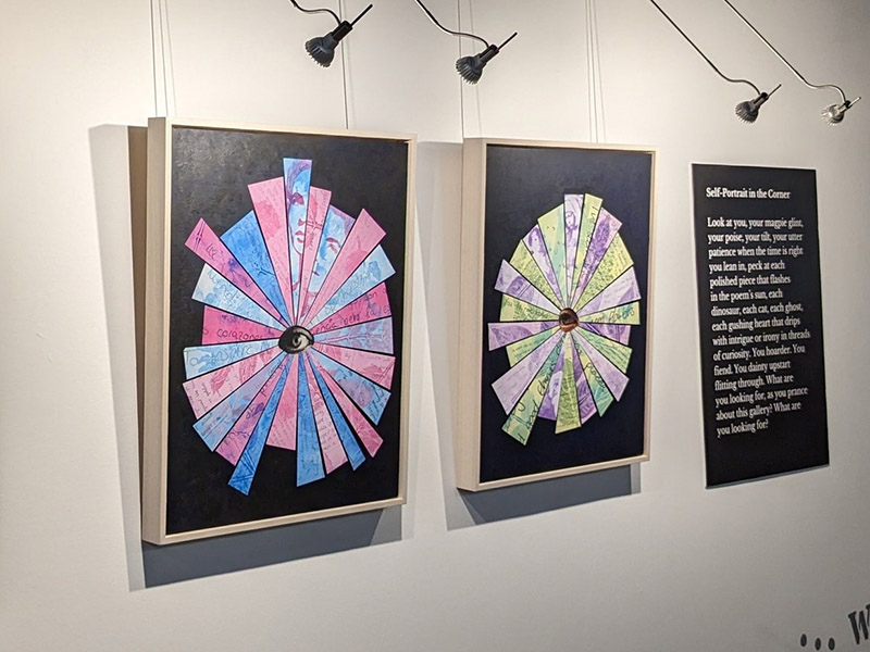 Poetry objects: two roughly circular collages created from triangular poetry excerpts, mounted in frames.