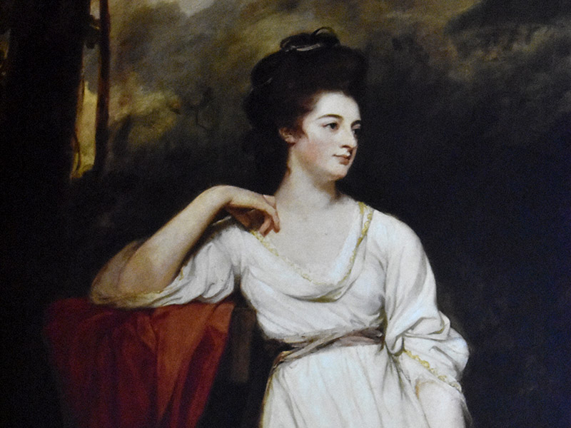 Portrait painting of Frances Woodley by George Romney: woman in white dress leaning on chair against landscape background